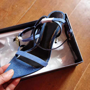 Blue Denim Metal Thin High Heel Sandals Women Narrow Band Gold Lock Decor Ankle Strap Sandalias Summer Sexy Party Dress Shoes