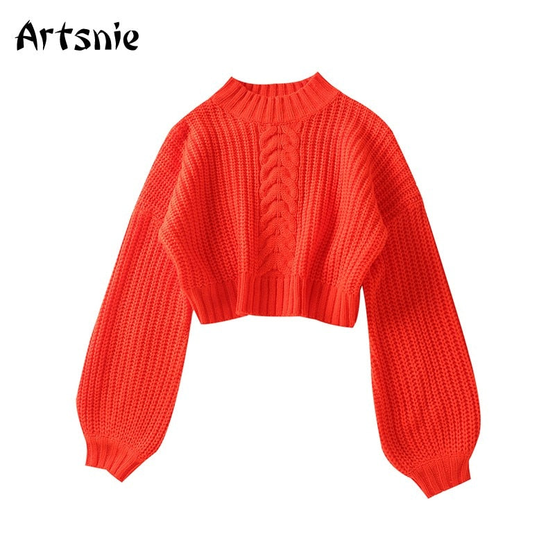 Artsnie Winter Turtleneck Sweater Women Lantern Sleeve Warm Pull Femme Hiver Sweet Red Knitted Cropped Sweaters Jumper Female