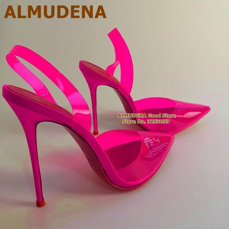 ALMUDENA Clear Fuchsia Pink PVC High Heel Shoes Stiletto Heel Pointed Toe Transparent Wedding Pumps Designer Banquet Footwear