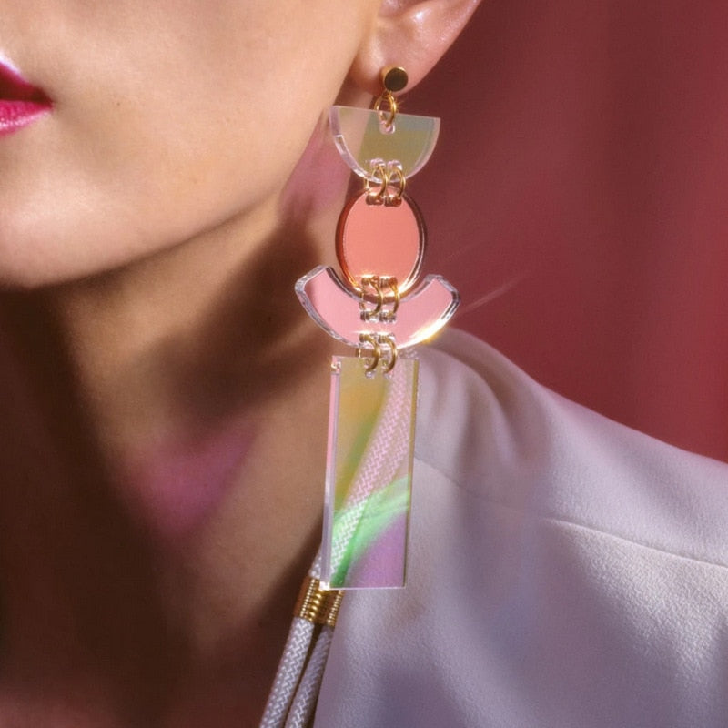 Geometric Long Drop Earrings for Women Mirror Acrylic Iridescence Large Dangle Ear Trendy Jewellry