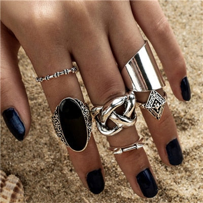 docona Vintage Silver Carved Geometric Knuckle Ring Set for Women Girl Rhinestone Midi Rings Set Party Jewelry Anillos