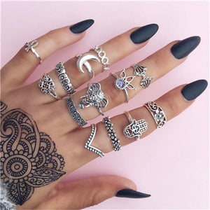 docona Vintage Silver Carved Geometric Knuckle Ring Set for Women Girl Rhinestone Midi Rings Set Party Jewelry Anillos