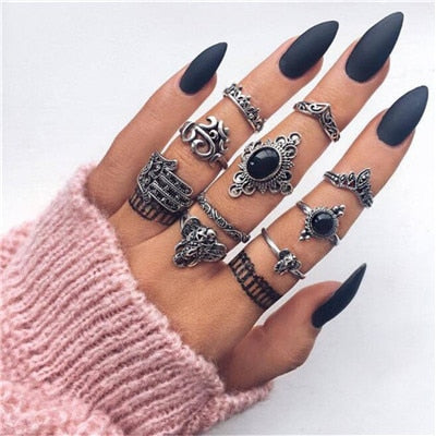 docona Vintage Silver Carved Geometric Knuckle Ring Set for Women Girl Rhinestone Midi Rings Set Party Jewelry Anillos