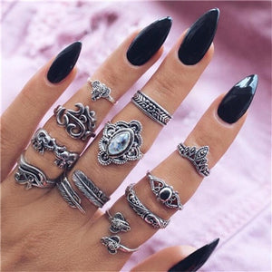 docona Vintage Silver Carved Geometric Knuckle Ring Set for Women Girl Rhinestone Midi Rings Set Party Jewelry Anillos