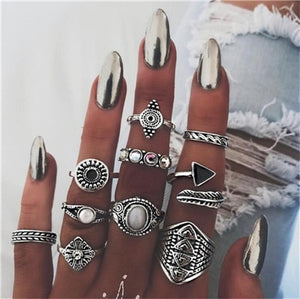 docona Vintage Silver Carved Geometric Knuckle Ring Set for Women Girl Rhinestone Midi Rings Set Party Jewelry Anillos