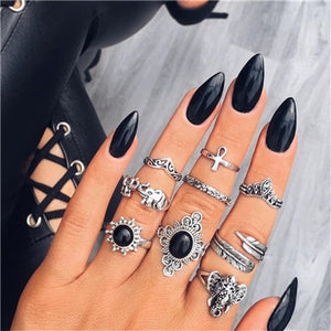 docona Vintage Silver Carved Geometric Knuckle Ring Set for Women Girl Rhinestone Midi Rings Set Party Jewelry Anillos