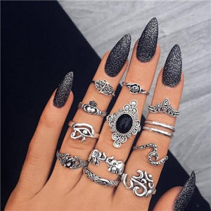 docona Vintage Silver Carved Geometric Knuckle Ring Set for Women Girl Rhinestone Midi Rings Set Party Jewelry Anillos