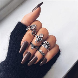docona Vintage Silver Carved Geometric Knuckle Ring Set for Women Girl Rhinestone Midi Rings Set Party Jewelry Anillos