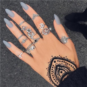 docona Vintage Silver Carved Geometric Knuckle Ring Set for Women Girl Rhinestone Midi Rings Set Party Jewelry Anillos