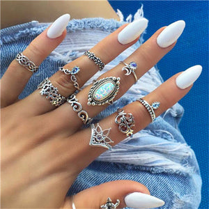 docona Vintage Silver Carved Geometric Knuckle Ring Set for Women Girl Rhinestone Midi Rings Set Party Jewelry Anillos