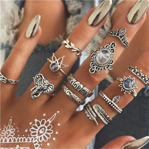 docona Vintage Silver Carved Geometric Knuckle Ring Set for Women Girl Rhinestone Midi Rings Set Party Jewelry Anillos